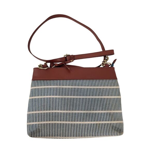 Spartina 449 Tidaholm Crossbody Bag Striped Navy Natural Linen Leather Trim Gold - Picture 3 of 5